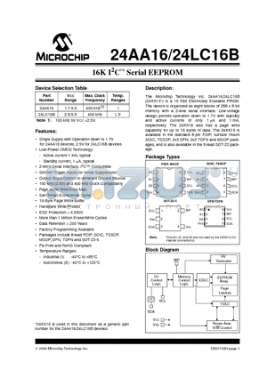 24AA16T-I/OT datasheet - 16K I2C Serial EEPROM