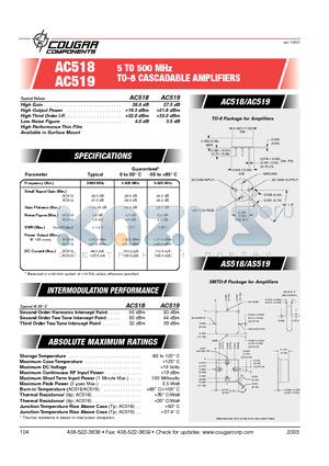 AC519 datasheet - 5 TO 500 MHz TO-8 CASCADABLE AMPLIFIERS