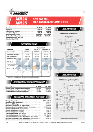 AC524 datasheet - 5 TO 500 MHz TO-8 CASCADABLE AMPLIFIERS