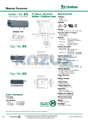 813 datasheet - PC Mount, Shocksafe 5x20mm / 6.3x32mm Fuses