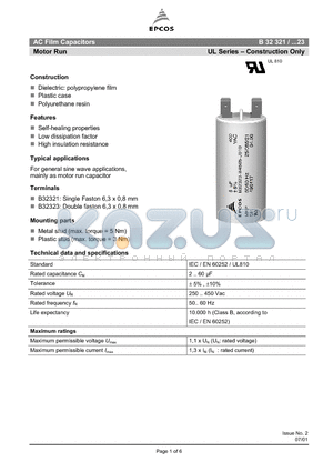 B32323 datasheet - AC Film Capacitors Motor Run UL Series - Construction Only