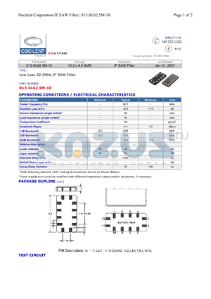 813-SL62.5M-10 datasheet - IF SAW Filter