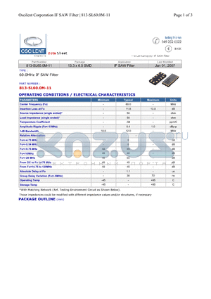 813-SL60.0M-11 datasheet - IF SAW Filter