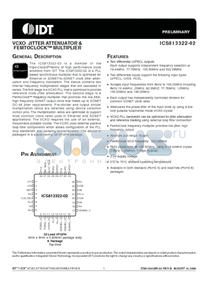 813322BK-02 datasheet - VCXO JITTER ATTENUATOR & FEMTOCLOCK MULTIPLIER