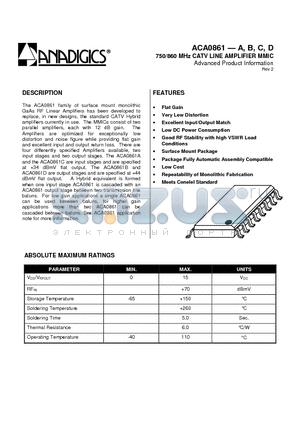 ACA0861A datasheet - 750/860 MHz CATV LINE AMPLIFIER MMIC