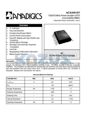 ACA2401S7 datasheet - 750/870 MHz Power Dobler CATV LINE AMPLIFIER MMIC