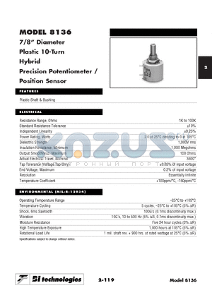 8136R10KL.25 datasheet - 7/8 Diameter Plastic 10-Turn Hybrid Precision Potentiometer / Position Sensor