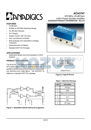 ACA3747 datasheet - 870 MHz, 25 dB Gain CATV Power Doubler Amplifier