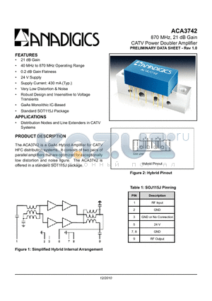 ACA3742 datasheet - 870 MHz, 21 dB Gain CATV Power Doubler Amplifier