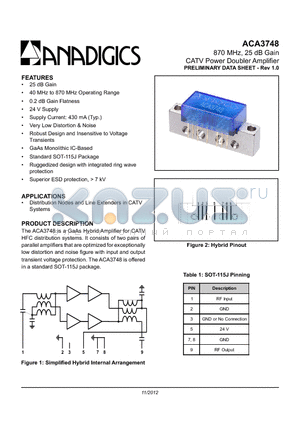 ACA3748V0 datasheet - 870 MHz, 25 dB Gain CATV Power Doubler Amplifier