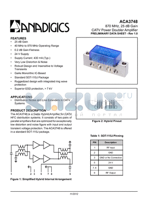ACA3748 datasheet - 870 MHz, 25 dB Gain CATV Power Doubler Amplifier