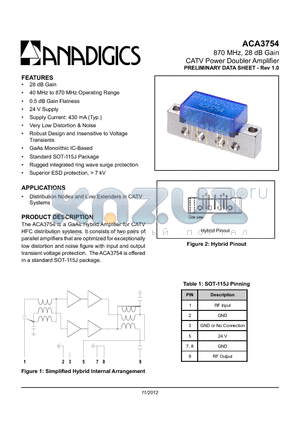 ACA3754P9 datasheet - 870 MHz, 28 dB Gain CATV Power Doubler Amplifier