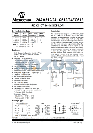 24AA512-E/P datasheet - 512K I2C Serial EEPROM