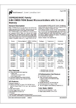 COP920CH-XXX/N datasheet - 8-Bit CMOS ROM Based Microcontrollers with 1k or 2k