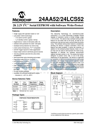 24AA52T-I/MC datasheet - 2K 2.2V I2C Serial EEPROM with Software Write-Protect