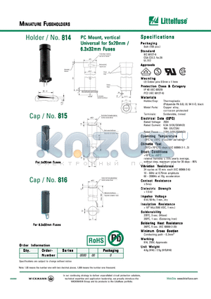 816 datasheet - PC Mount, vertical Universal for 5x20mm / 6.3x32mm Fuses