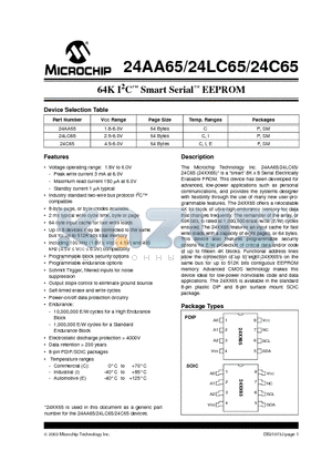 24AA65T-/P datasheet - 64K 1.8V I2C  Smart Serial O EEPROM