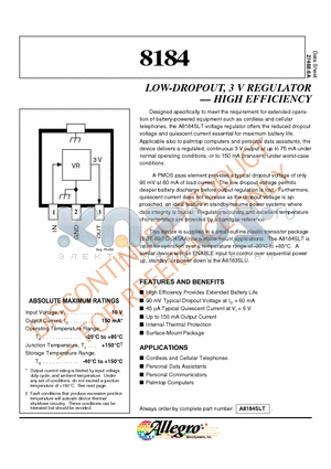 8184 datasheet - LOW-DROPOUT, 3 V REGULATOR . HIGH EFFICIENCY