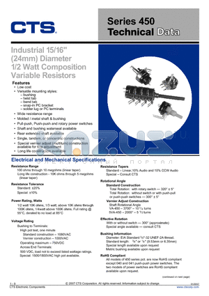 450T124R252A2G1 datasheet - Industrial 15/16 inch (24mm) Diameter 1/2 Watt Composition Variable Resistors