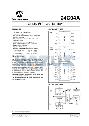24C04A-ESL datasheet - 4K 5.0V I 2 C  Serial EEPROM