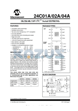 24C04A-IP datasheet - 1K/2K/4K 5.0V I 2 C O Serial EEPROMs