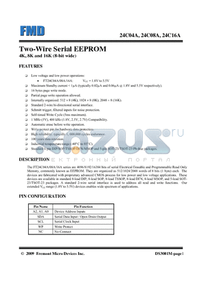 24C08A datasheet - The FT24C04A/08A/16A series are 4096/8192/16384 bits of serial Electrical Erasable and Programmable Read Only Memory, commonly known as EEPROM. They are organized as 512/1024/2048 words of 8 bits (1 byte) each.