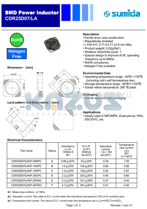 CDR25D07LA datasheet - Power Inductor