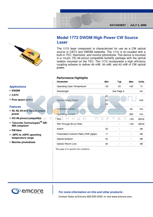 1772-NM-63-15-FC-PM datasheet - DWDM High Power CW Source Laser