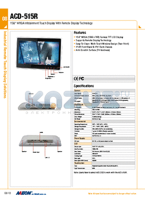 ACD-515RHTT-A2-1010 datasheet - 15.6 WXGA Infotainment Touch Display With Remote Display Technology