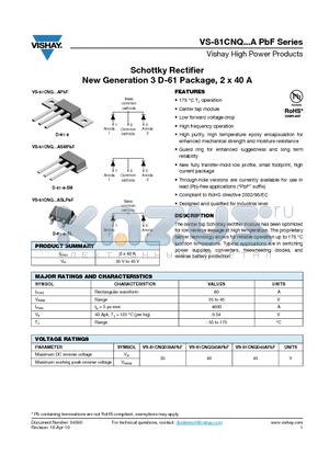81CNQ035ASMPBF datasheet - Schottky Rectifier New Generation 3 D-61 Package, 2 x 40 A
