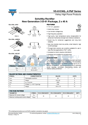 81CNQ035APBF_10 datasheet - Schottky Rectifier New Generation 3 D-61 Package, 2 x 40 A