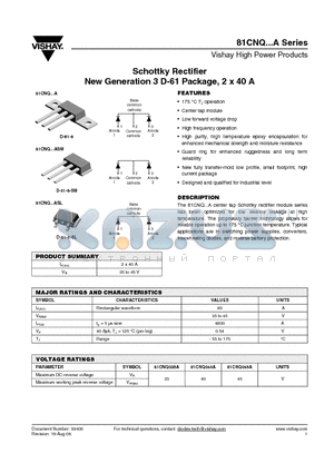 81CNQ040A datasheet - Schottky Rectifier New Generation 3 D-61 Package, 2 x 40 A
