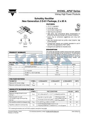 81CNQ040APBF datasheet - Schottky Rectifier New Generation 3 D-61 Package, 2 x 40 A
