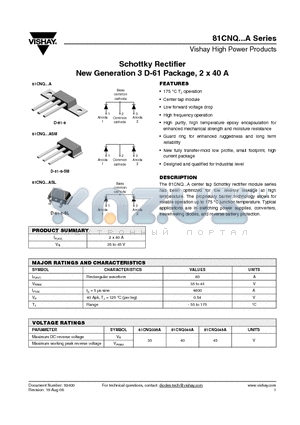 81CNQ040ASL datasheet - Schottky Rectifier New Generation 3 D-61 Package, 2 x 40 A