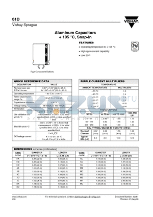 81D101M400JB2D datasheet - Aluminum Capacitors  105 `C, Snap-In