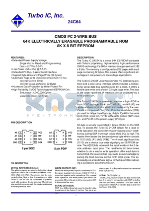 24C64 datasheet - CMOS IbC 2-WIRE BUS 64K ELECTRICALLY ERASABLE PROGRAMMABLE ROM 8K X 8 BIT EEPROM