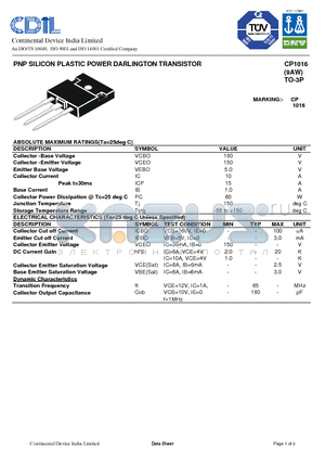 CP1016 datasheet - PNP SILICON PLASTIC POWER DARLINGTON TRANSISTOR