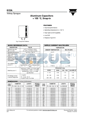 81DA153M025KC2D datasheet - Aluminum Capacitors  105 `C, Snap-in