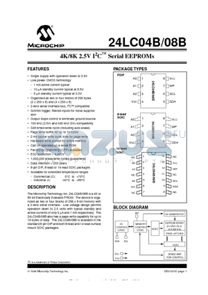 24CO08B-P datasheet - 4K/8K 2.5V I 2 C  Serial EEPROMs