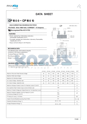 CP1500 datasheet - HIGH CURRENT SILICON BRIDGE RECTIFIER(VOLTAGE - 50 to 1000 Volts CURRENT - 15 Amperes)