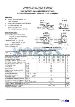 CP1501 datasheet - HIGH CURRENT SILICON BRIDGE RECTIFIERS(VOLTAGE - 50 to 800 Volts CURRENT - 15 to 35 Amperes)