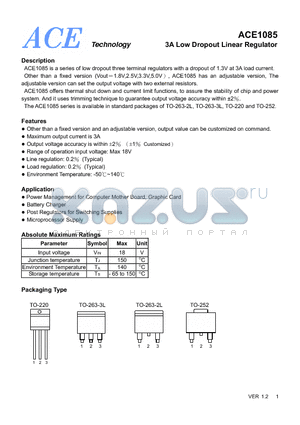 ACE1085 datasheet - 3A Low Dropout Linear Regulator