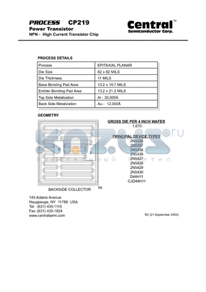 CP219 datasheet - Power Transistor NPN - High Current Transistor Chip