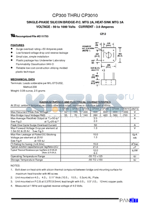 CP301 datasheet - SINGLE-PHASE SILICON BRIDGE-P.C. MTG 2A, HEAT-SINK MTG 3A(VOLTAGE - 50 to 1000 Volts CURRENT - 3.0 Amperes)