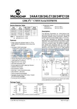 24FC128T-I/SM datasheet - 128K I2C CMOS Serial EEPROM