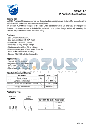 ACE1117 datasheet - 1A Positive Voltage Regulators