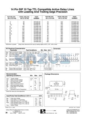 EPA460-900 datasheet - 14 Pin DIP 10 Tap TTL Compatible Active Delay Lines with Leading And Trailing Edge Precision