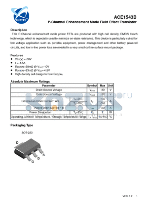 ACE1543B datasheet - P-Channel Enhancement Mode Field Effect Transistor