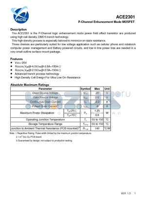 ACE2301_12 datasheet - P-Channel Enhancement Mode MOSFET