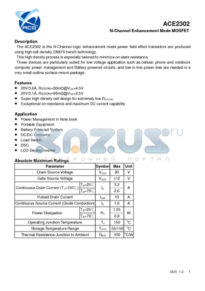 ACE2302_12 datasheet - N-Channel Enhancement Mode MOSFET